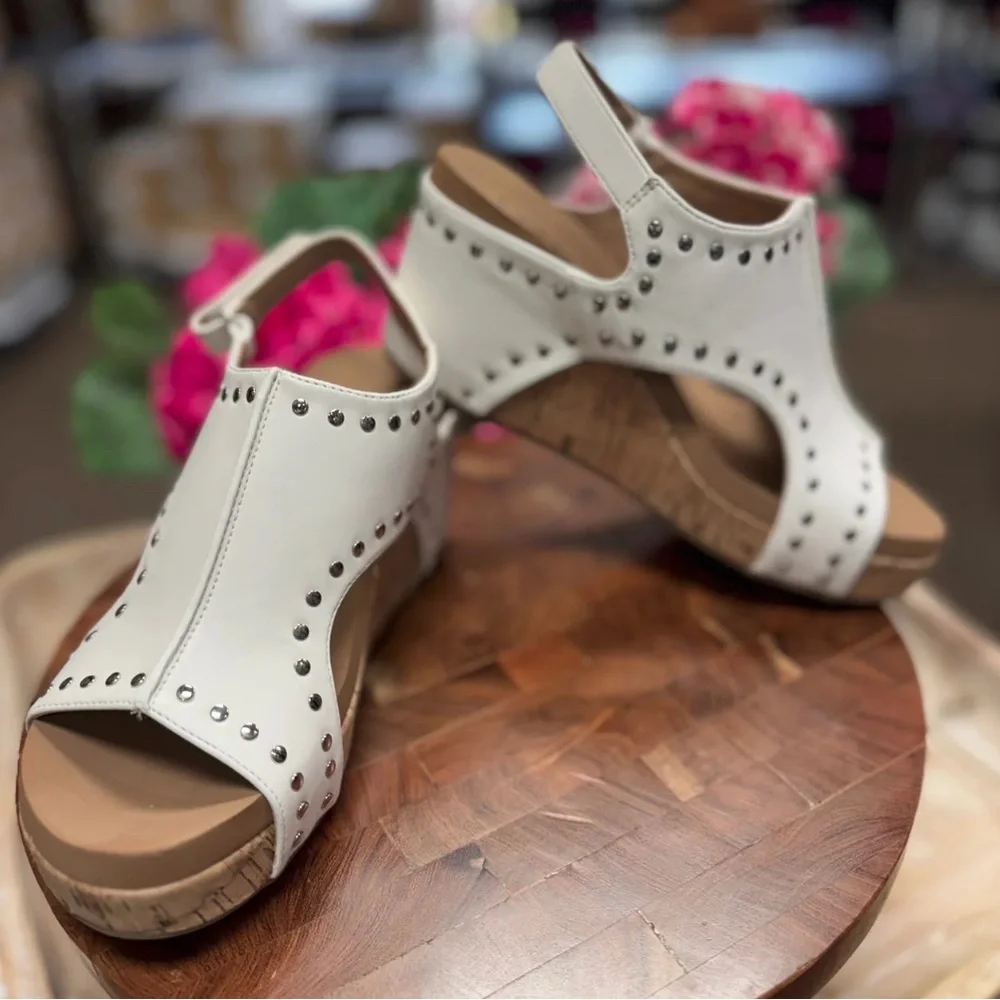 Elegant White Studded Wedge Sandals - Picture 2 of 2